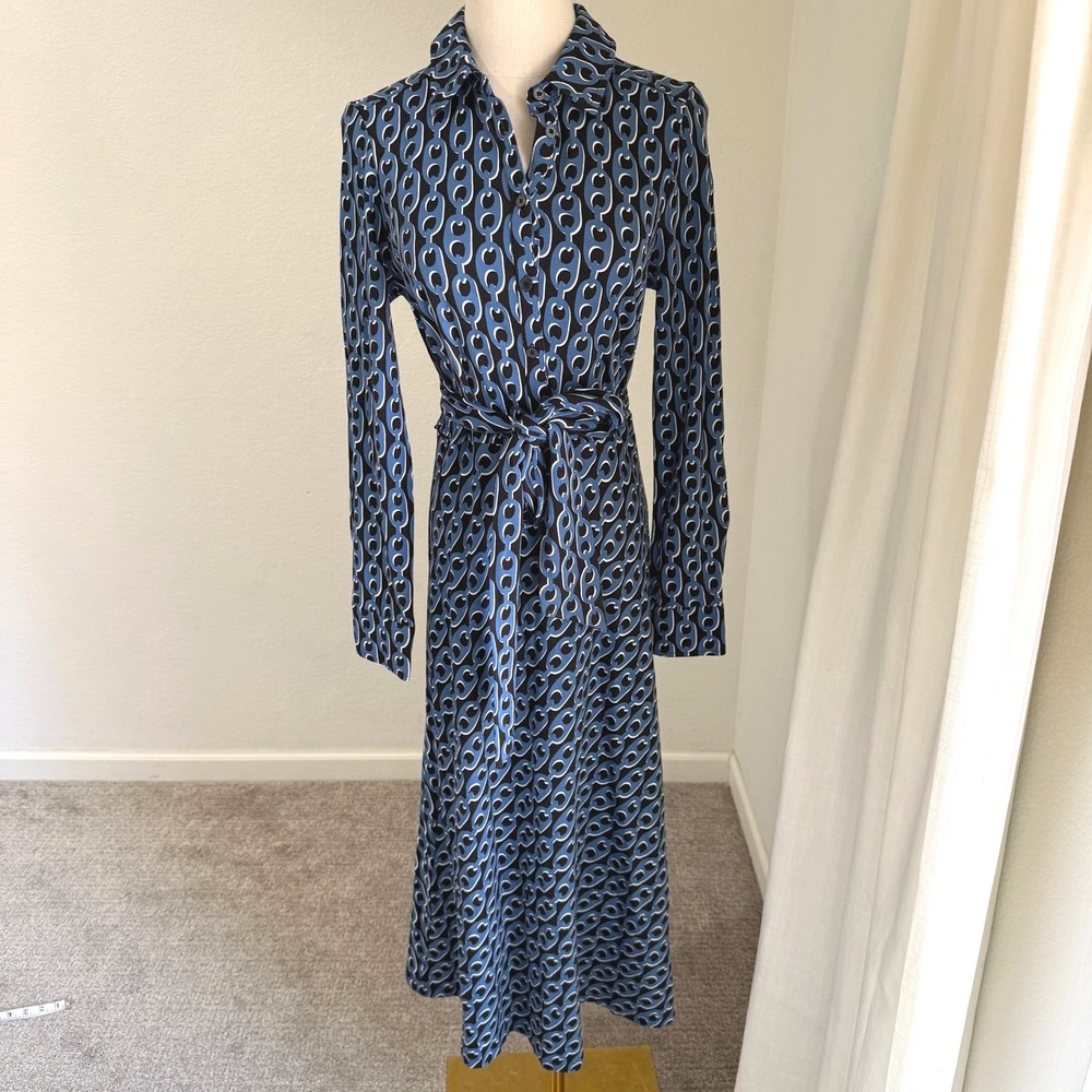 Boden Laura Midi Shirt Dress Blue Chain Link Tencel Cotton Sz 6 Mod Retro Office